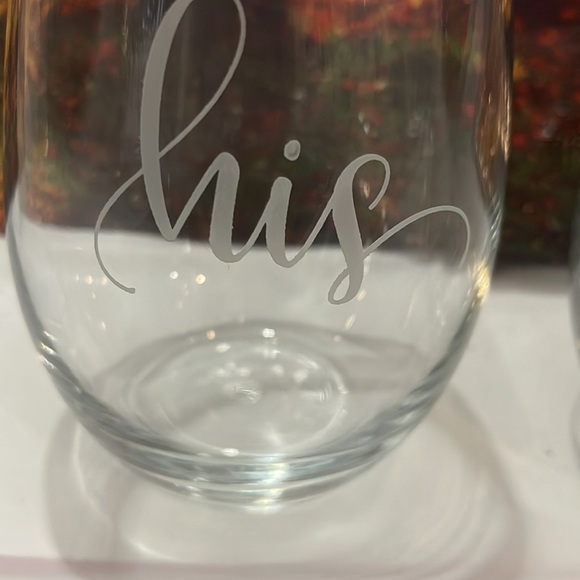 His and Hers stemless wine glasses clear glass with frosted lettering 5”Tx3”W - Picture 2 of 3